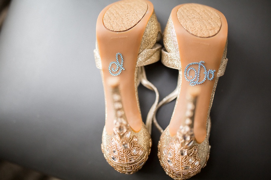 "I Do" Rhinestones on Gold Wedding Shoes