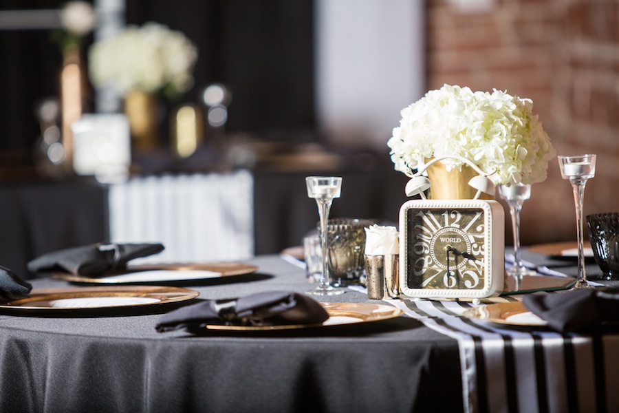 White Wedding Centerpieces with Clock Table Numbers