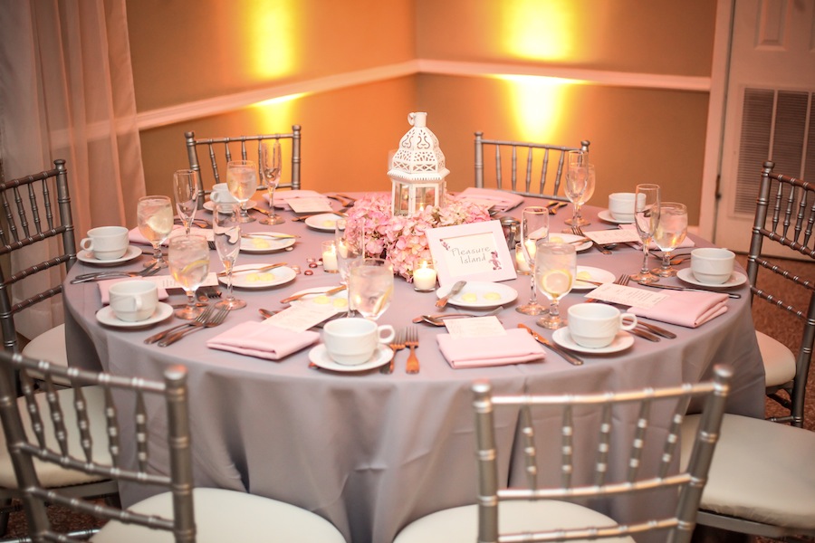 Lantern Wedding Centerpieces with Grey Linens and Silver Chiavari Chairs