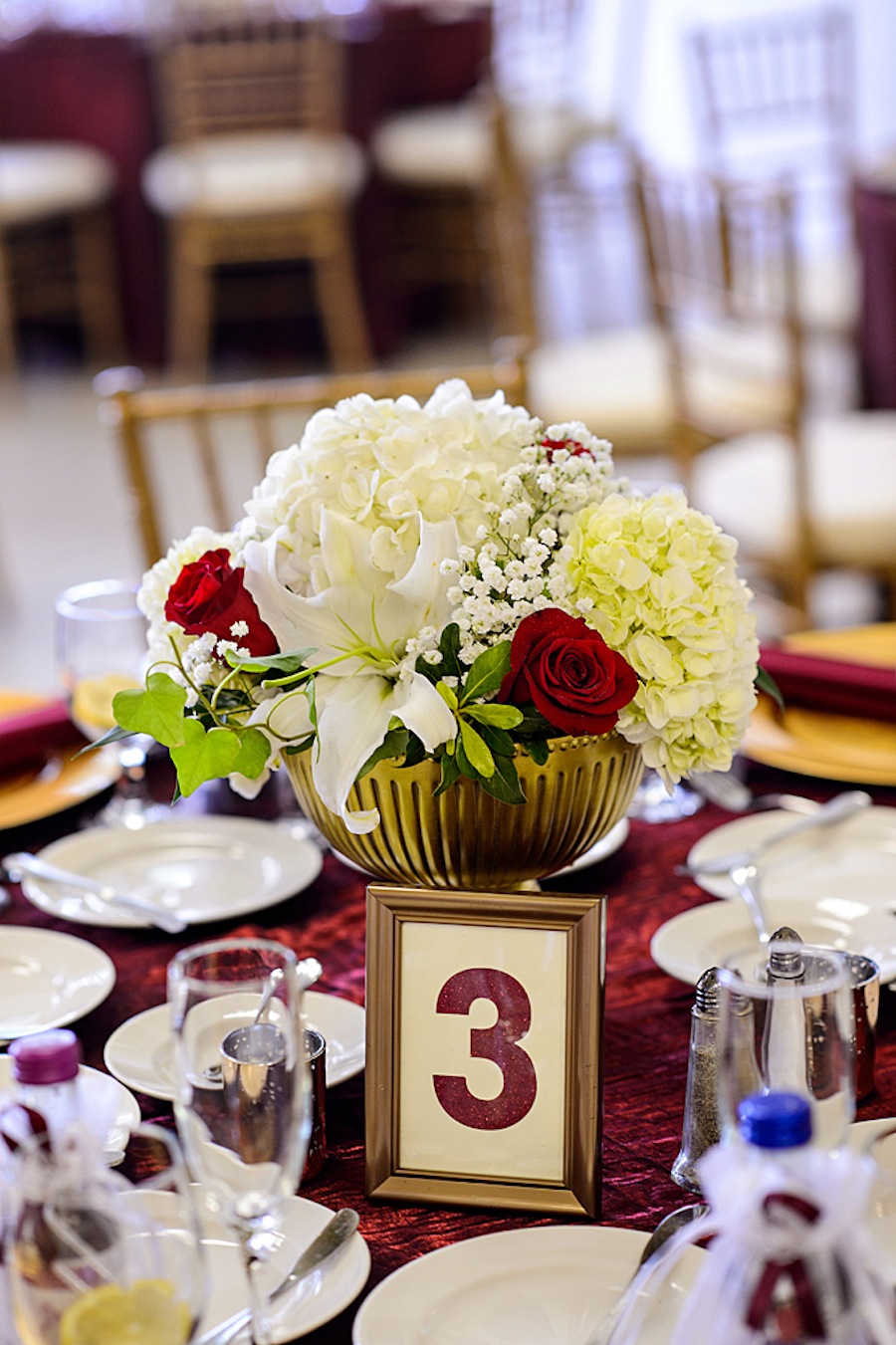 Low Red Rose and White Flower Wedding Centerpieces