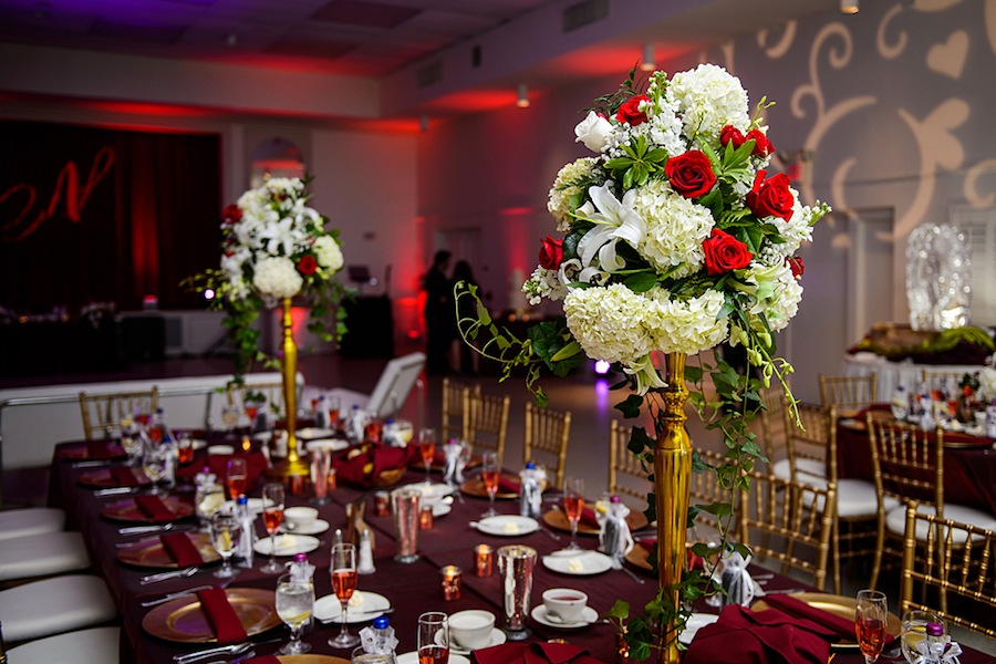 Tall Gold, Red Rose and White Flower Wedding Centerpieces