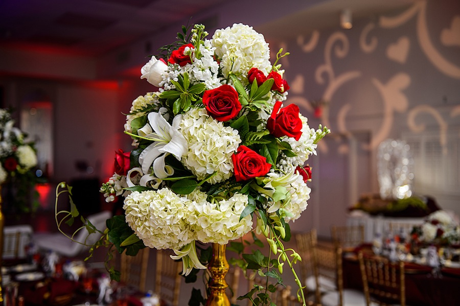 Tall Gold, Red Rose and White Flower Wedding Centerpieces