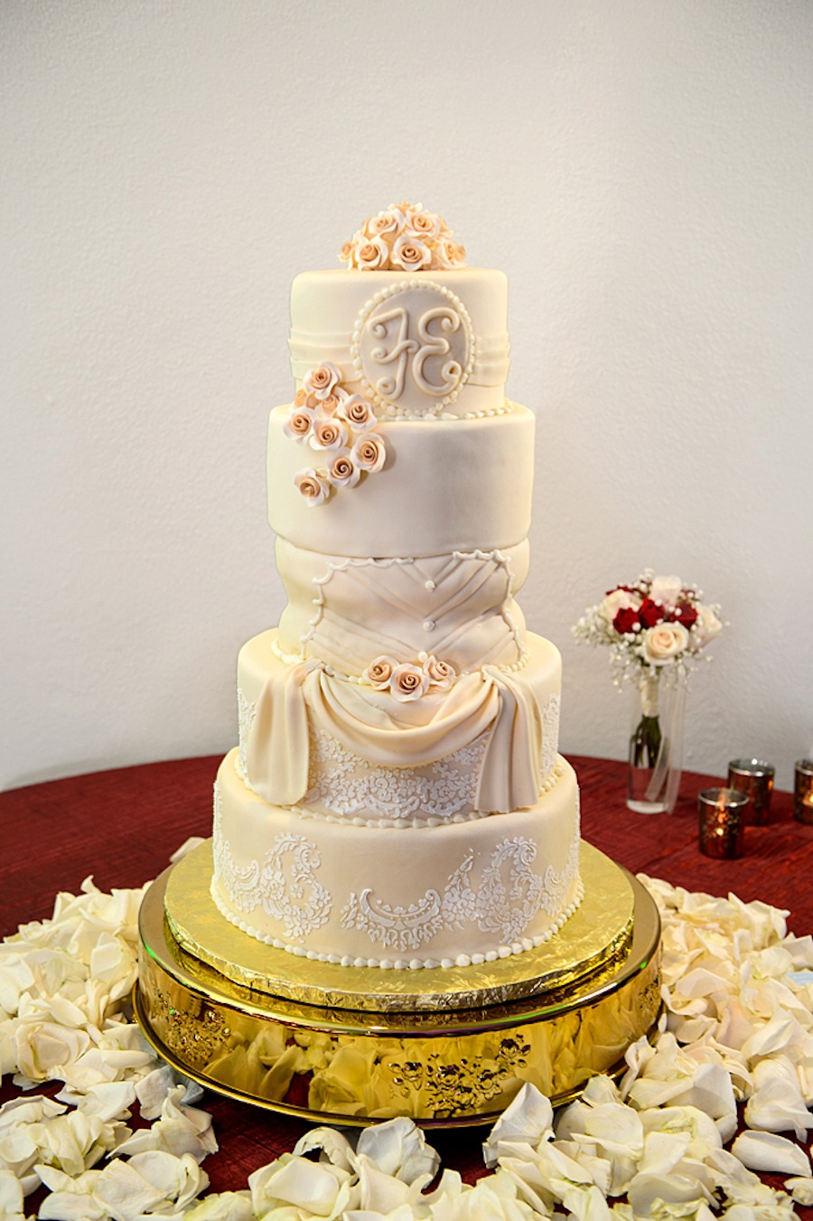 5-Tier Lace White Draped Round Wedding Cake