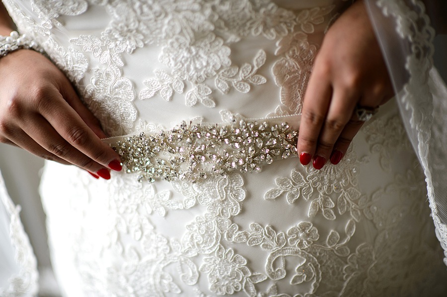White Lace Wedding Dress with Rhinestone Wedding Belt