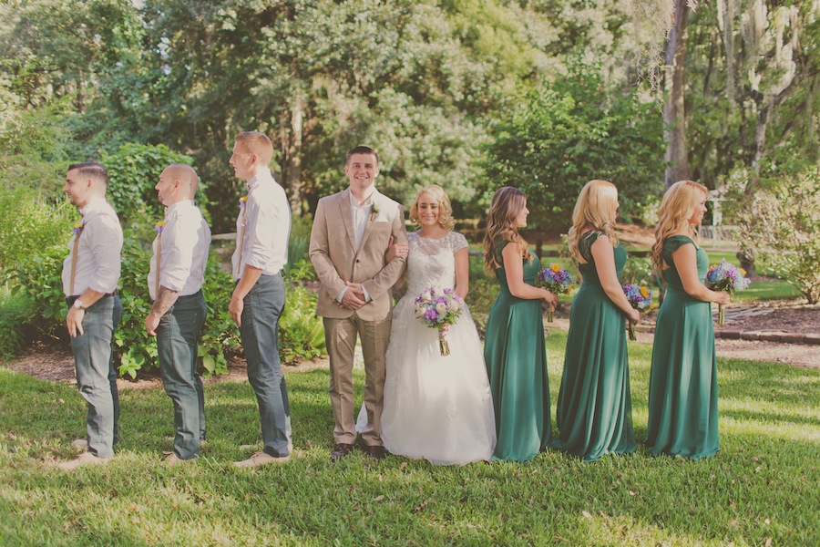 Rustic Groomsmen with Suspenders | Emerald Green Bridesmaid Dress for Rustic Wedding
