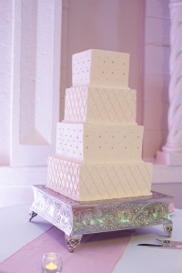 White, Gold and Pink Modern Square Wedding Cake