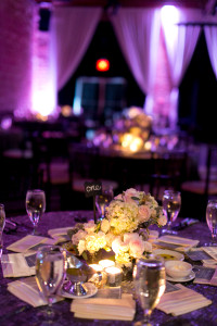24 Pastel Pink and White Low Wedding Centerpieces with Purple Uplighting | NOVA 535