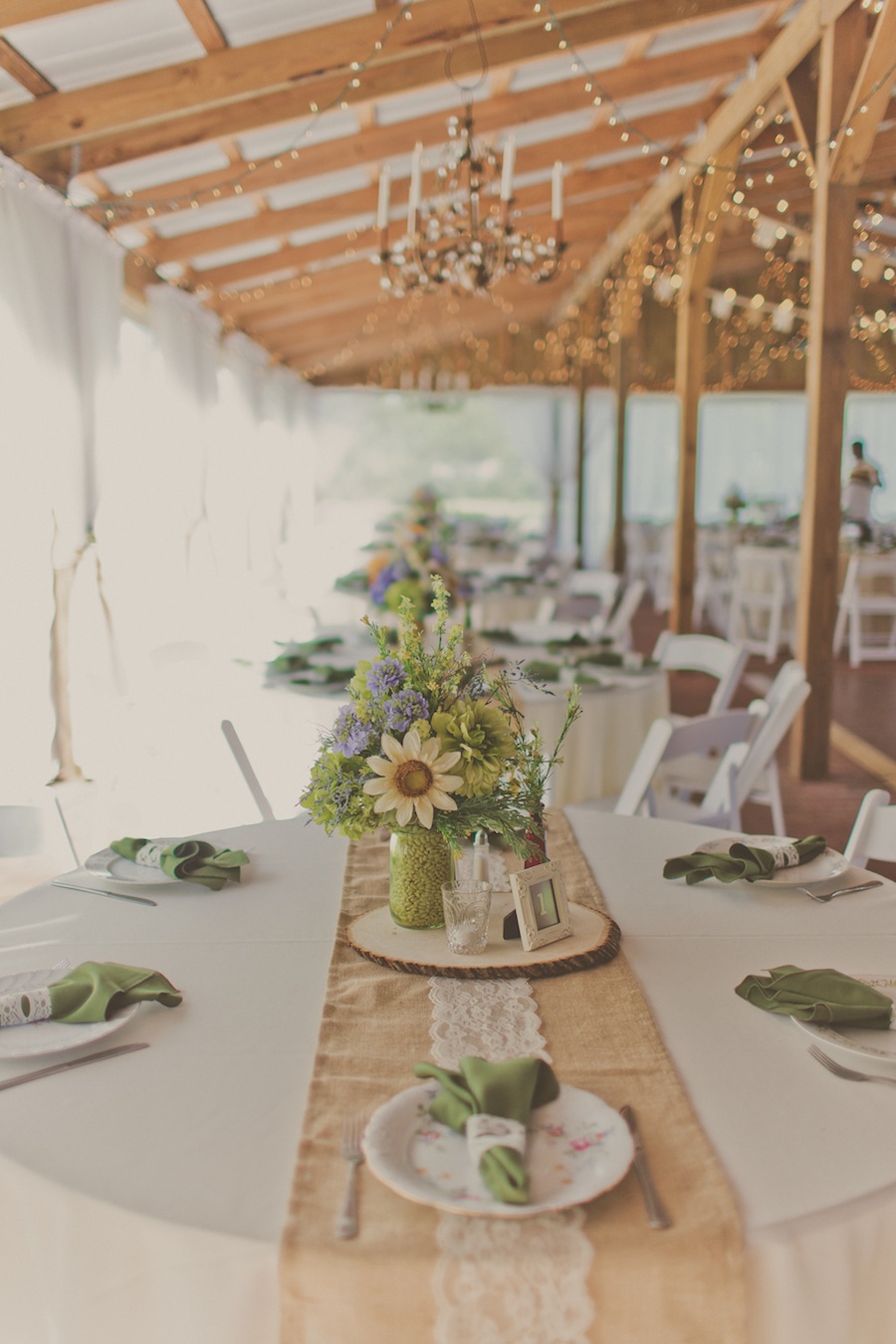 Sunflower Wedding Centerpieces with Lace and Burlap Runner