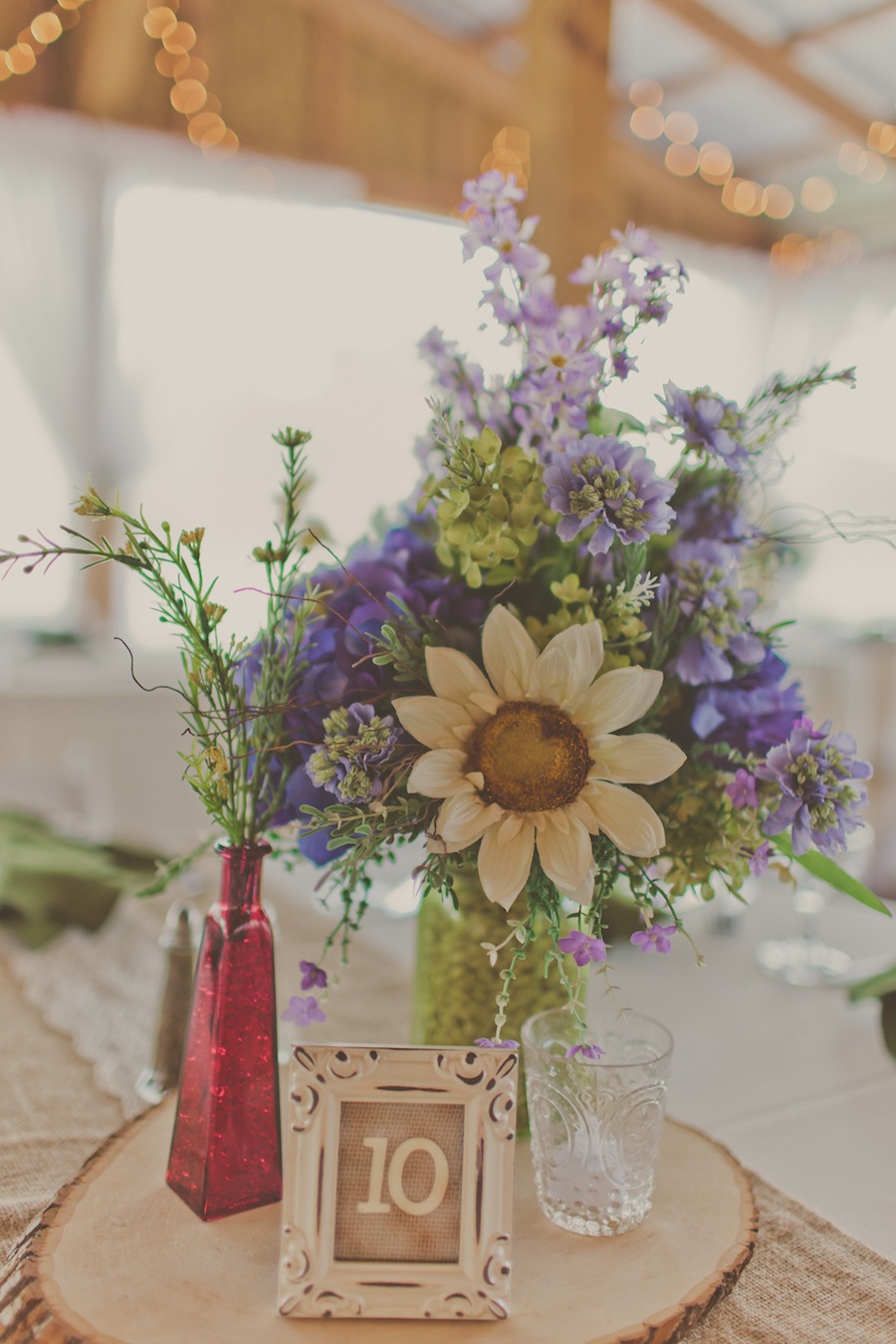 Sunflower Wedding Centerpieces on Tree Wood with Lace and Burlap Runner