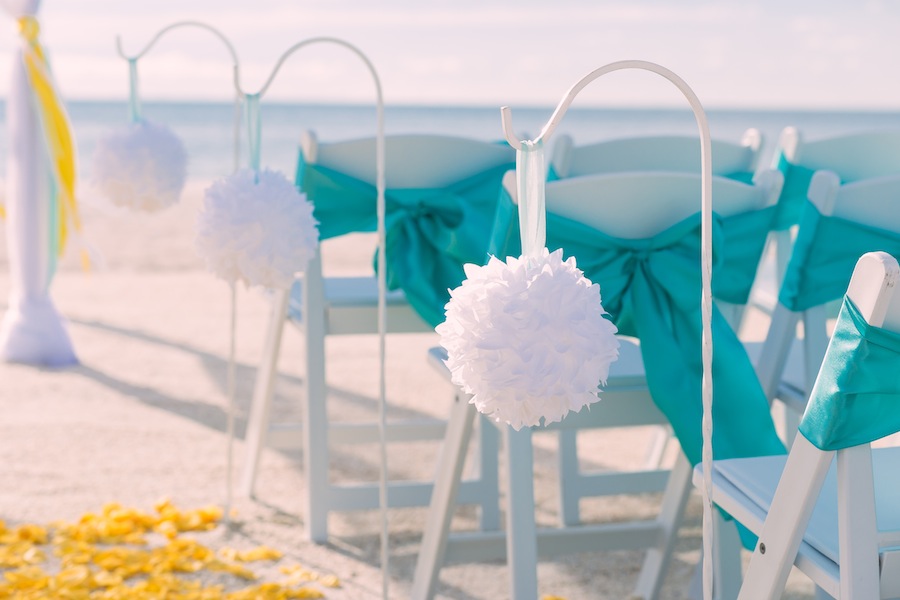 Beach Wedding Ceremony Decor | White Kissing Balls on Sheppard Hooks