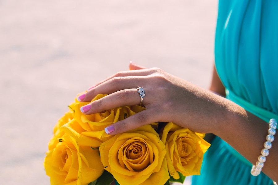 Yellow Rose Wedding Bouquet and Blue Teal Bridesmaid Dress