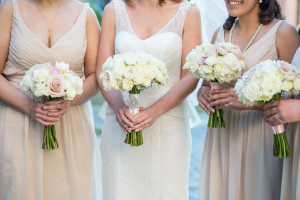 White and Pink Rose Wedding Bouquet | Champagne Bridesmaid Dresses