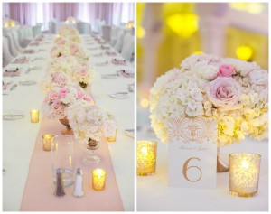 White Wedding Reception with Long Feasting Tables, Pink Runner and Low White, Pink and Gold Wedding Centerpieces