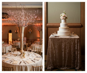 Tall Cherry Blossom Wedding Centerpieces | Round White Wedding Cake