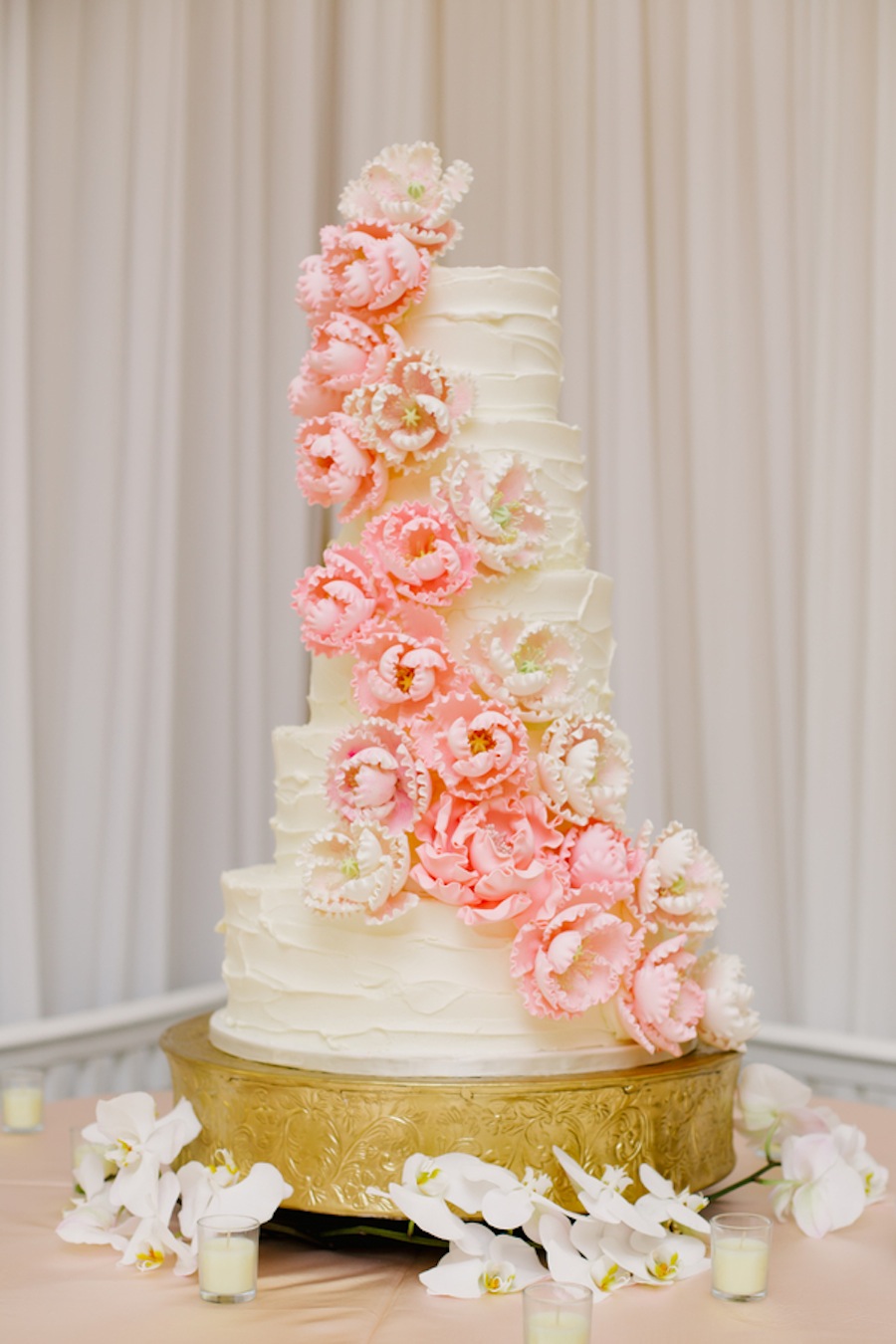 5-Tier Round White Wedding Cake with Cascade of Pink Flowers