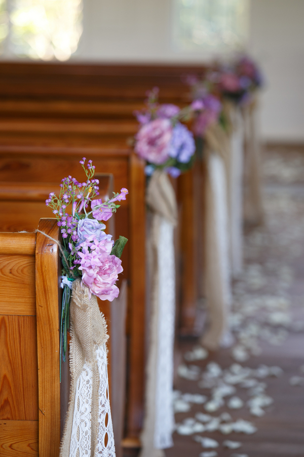 Purple Wedding Ceremony Decor | Church Pew Aisle Flowers with Lace