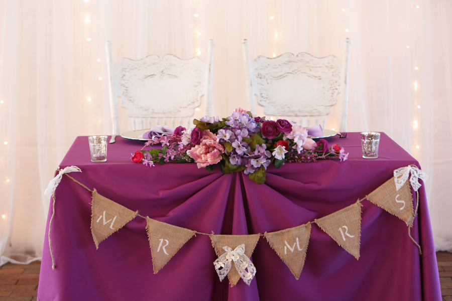 Purple and Burlap Sweetheart Table | Rustic, Country Wedding