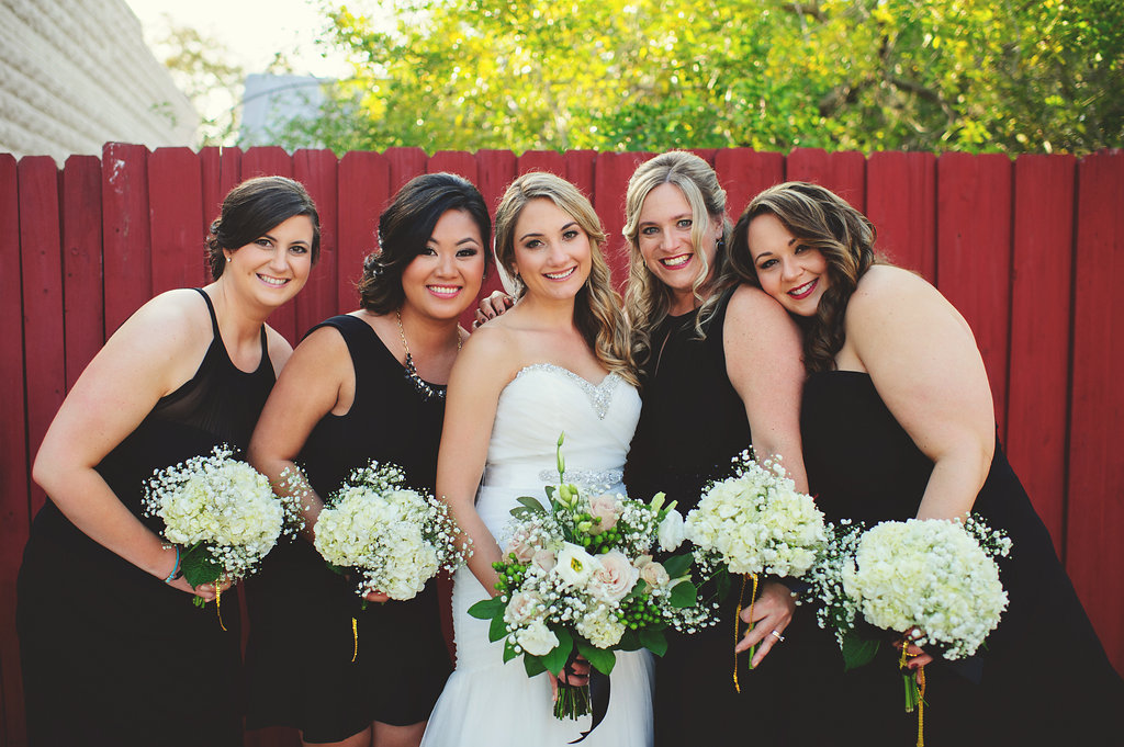 Black Bridesmaid Dresses with White Wedding Bouquets