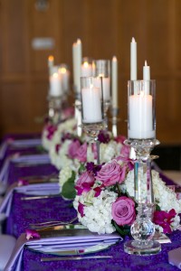 Purple Modern Indian Wedding | White & Pink Low Wedding Centerpieces with Tall Candles