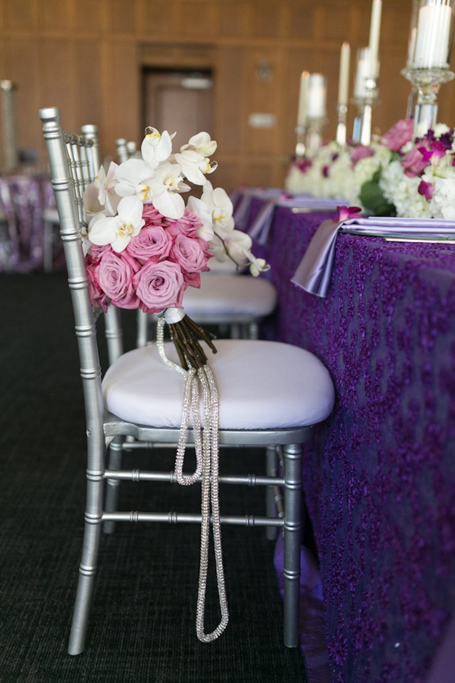 White and Pink Wedding Bouquet | Silver Chiavari Chairs