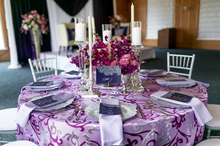 Purple Modern Indian Wedding | Purple Wedding Centerpieces with Specialty Linens