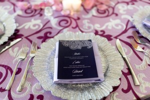 Silver Scalloped Wedding Charger with Black Menu Car | Modern, Purple Indian Wedding