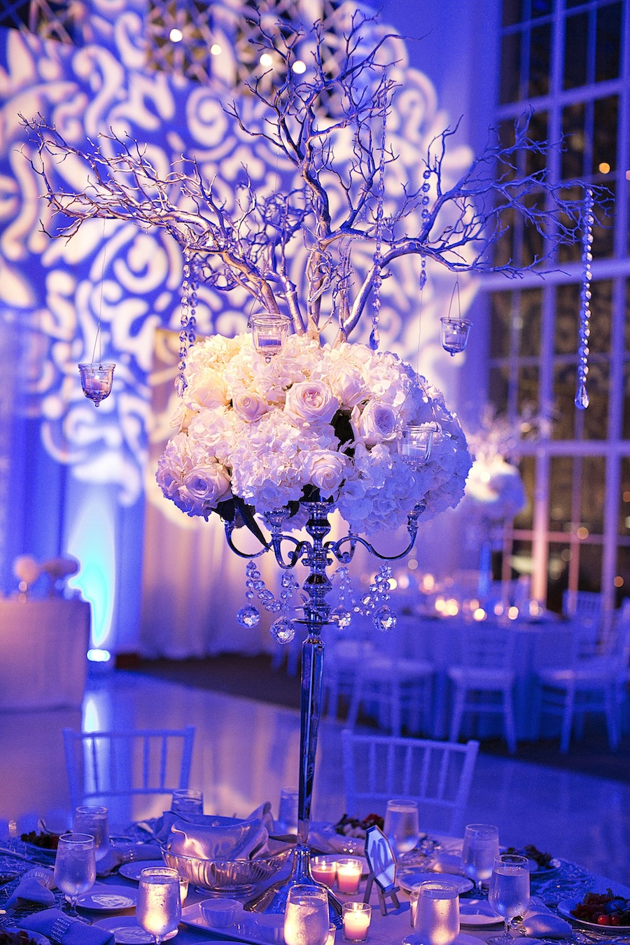 Modern Wedding Reception at The Vault | Tall White Centerpieces by Apple Blossoms Floral Design | Downtown Tampa Wedding