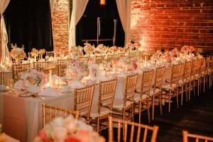 Peach, Pink and White Wedding Centerpieces with Long Feasting Tables and Gold Chiavari Chairs | NOVA 535 Wedding Reception