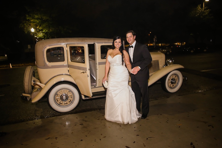 Bride and Groom Wedding Exit with Antique Car