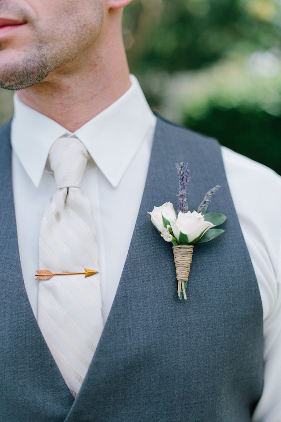 Grey Groomsmen Suit with Arrow Pin and Vintage Boutonniere