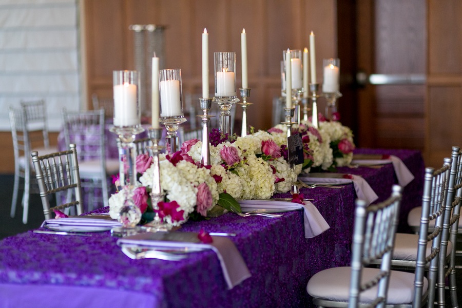Purple Modern Indian Wedding | White & Pink Low Wedding Centerpieces with Tall Candles