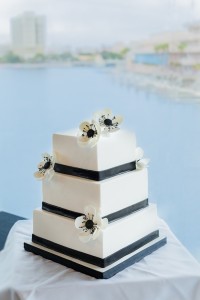 Black and White Modern Square Wedding Cake with Flowers
