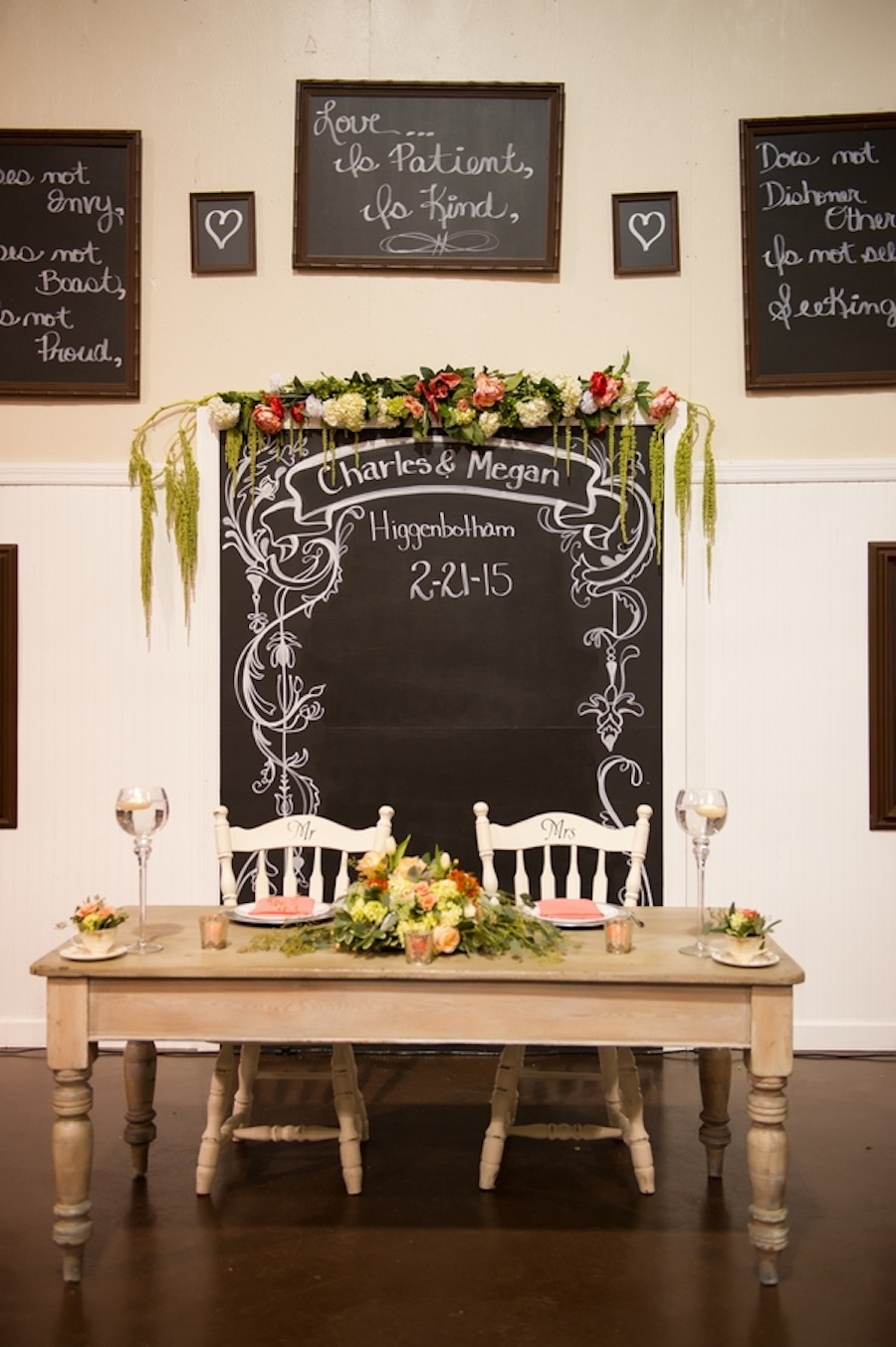 Rustic Wedding Reception Decor with Chalkboard | Bride and Groom Head Table
