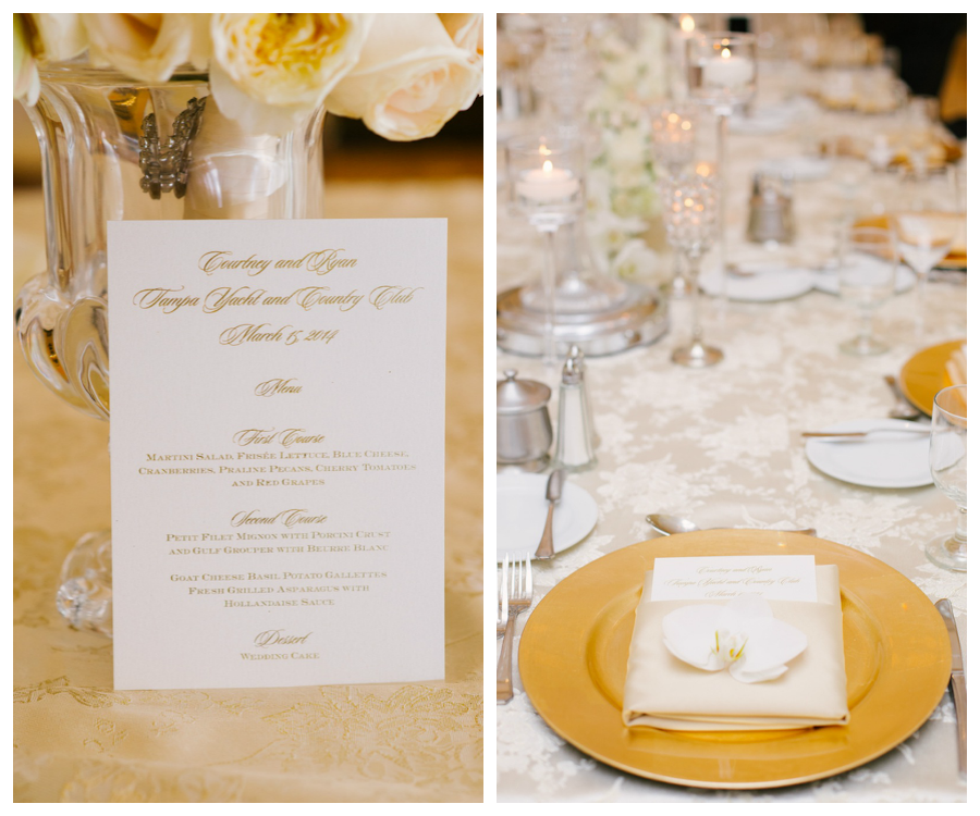 White and Gold Wedding Menu | Gold Wedding Chargers