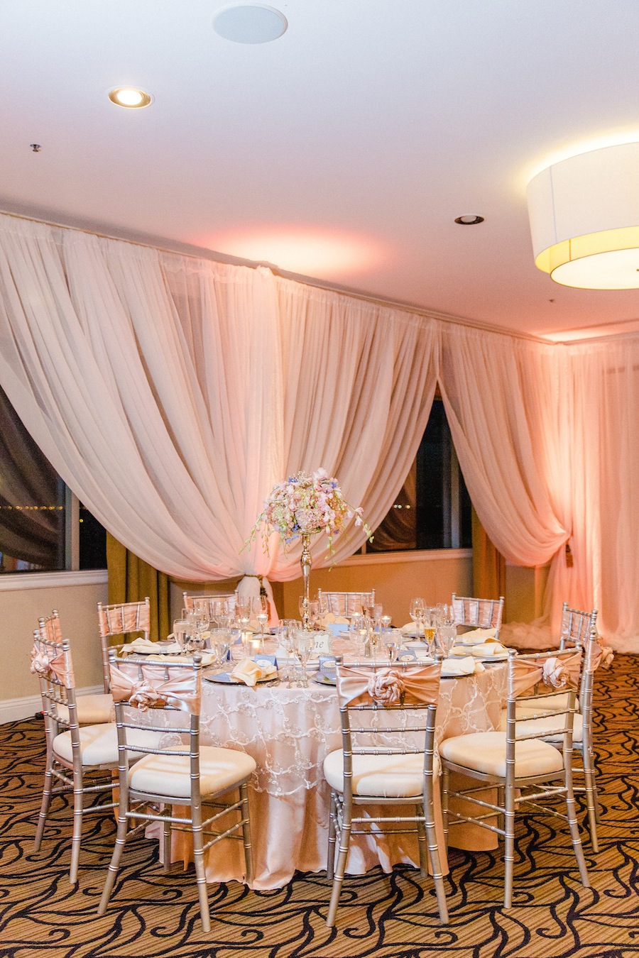 White Draping with Silver and Pink Wedding Decor | Tampa Wedding Venue the Centre Club Wedding Reception