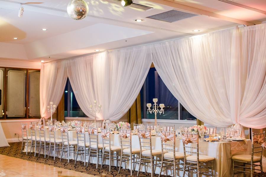 White Draping with Silver and Pink Wedding Decor | Tampa Wedding Venue the Centre Club Wedding Reception