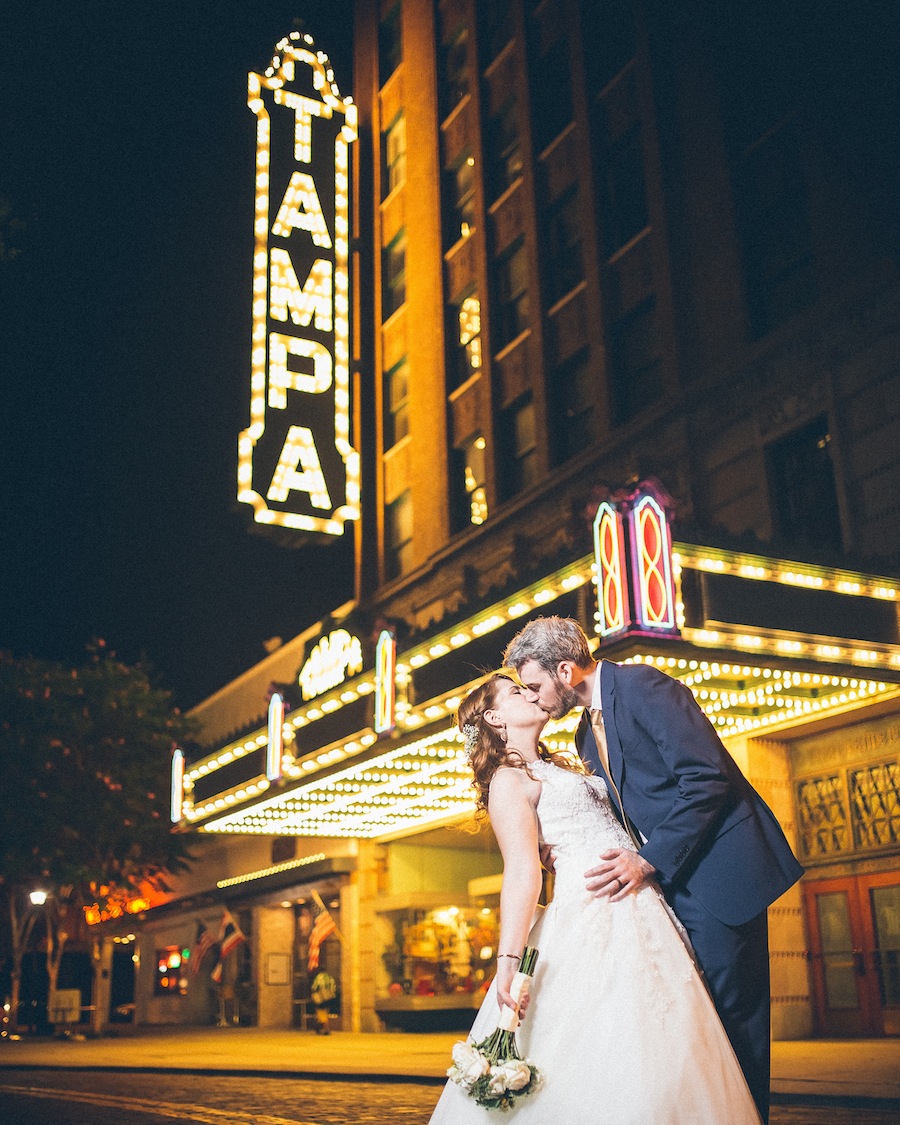 Bride and Groom in front of the Tampa Theatre Sign | Rad Red Creative
