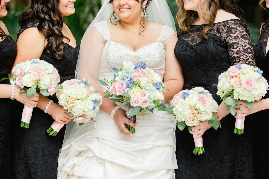 Black Bridesmaid Dresses & Maggie Sottero Wedding Dress | Blush Pink and Blue Wedding Bouquet by Andrea Layne Floral Design