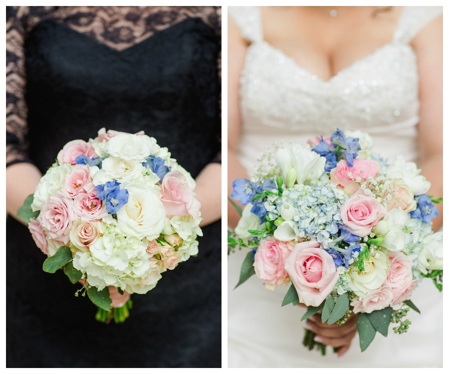 Black Bridesmaid Dresses & Maggie Sottero Wedding Dress | Blush Pink and Blue Wedding Bouquet by Andrea Layne Floral Design