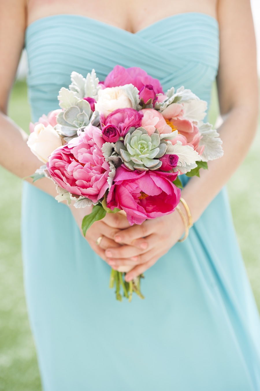 Bright Pink and Peach Wedding Bridesmaid Bouquet | Blue Green Bill Levkoff Bridesmaids Dresses