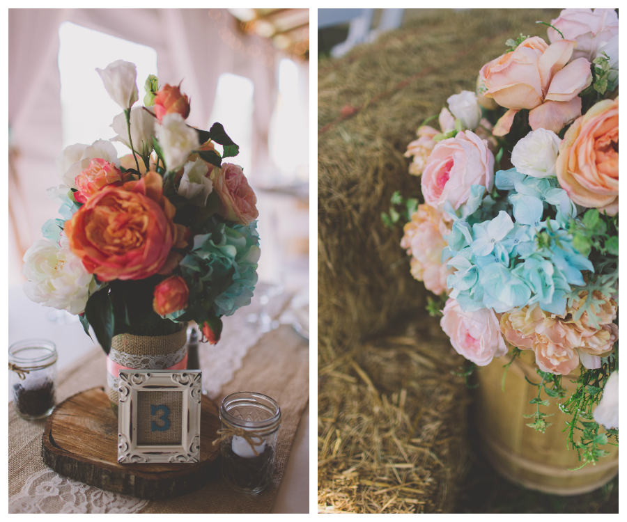 Peach and Blue Rustic Wedding Centerpieces with Haybales | Rustic, Cross Creek Ranch Wedding in Tampa Bay
