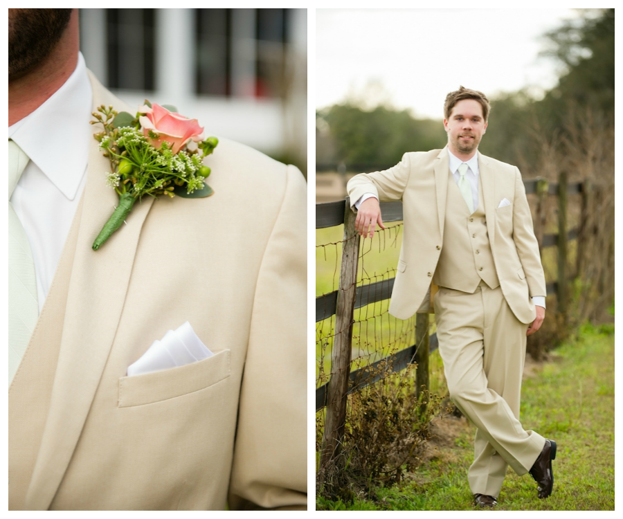Peach Groom's Boutinnaire in Tan, Cream Suit for Rustic Wedding | Lakeland/Tampa Bay Wedding Photographer Andi Diamond Photography