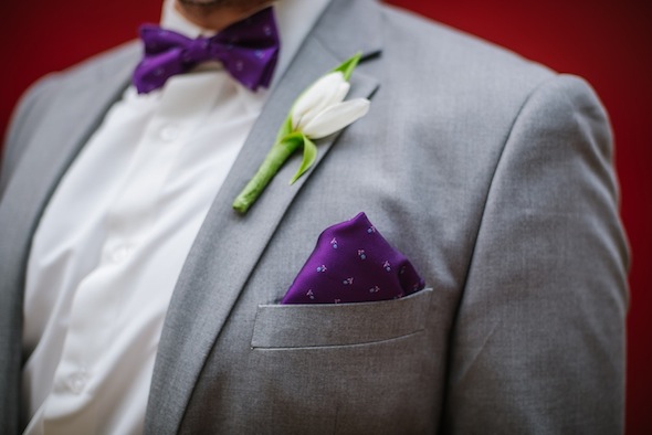 Grey Groom's Suit with Purple Bowtie and Handkerchief