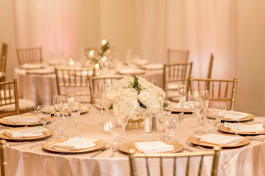 White Flowers Centerpieces with Blush Pink Linens | Wedding Reception Decor