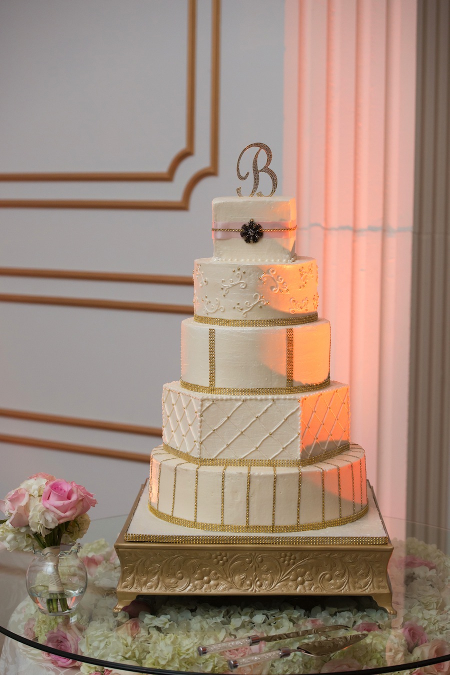 5-Tier Traditional Elegant Wedding Cake with Monogram Cake Topper
