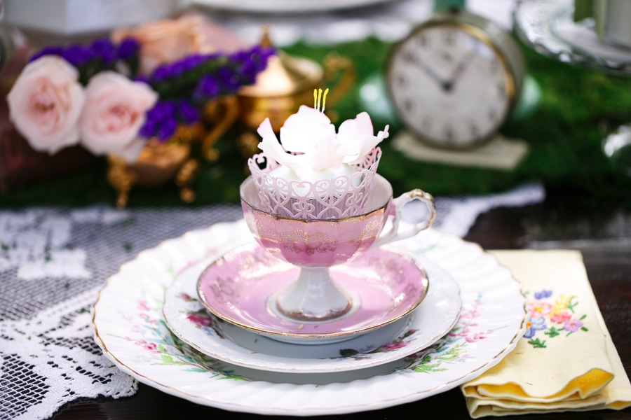 Alice in Wonderland Vintage Tea Party China Wedding Decor | Tampa Wedding Venue USF Botanical Gardens | Tufted Vintage Rentals