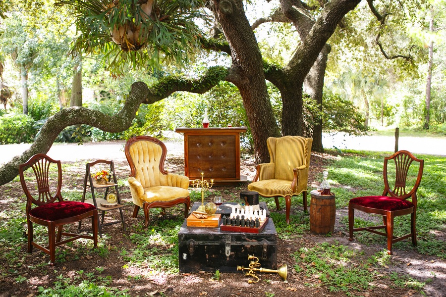 Alice in Wonderland Vintage Furniture Wedding Shower Wedding Decor | Tampa Wedding Venue USF Botanical Gardens | Tufted Vintage Rentals