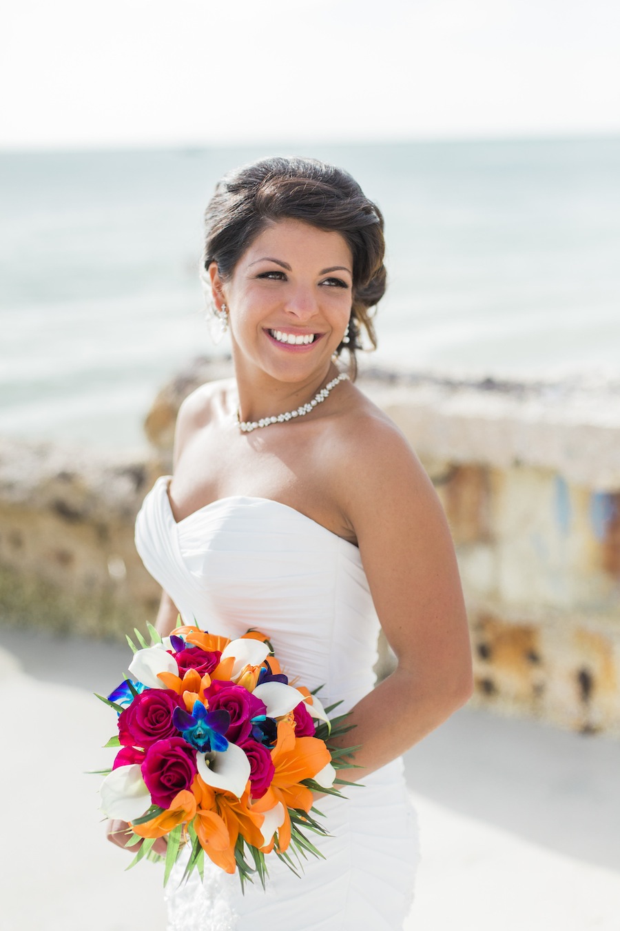 Maggie Sotterro Beach Wedding Dress | Blue, Orange and Red Tropical Wedding Bouquet