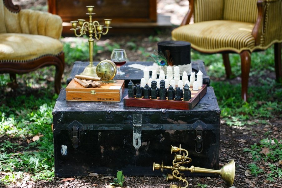 Groomsmen Cigars and Chess Table Vintage Wedding Decor | Tampa Wedding Venue USF Botanical Gardens | Tufted Vintage Rentals