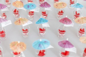 Tropical Beach Wedding Reception Decor | Shot Glass with Umbrellas Place Cards